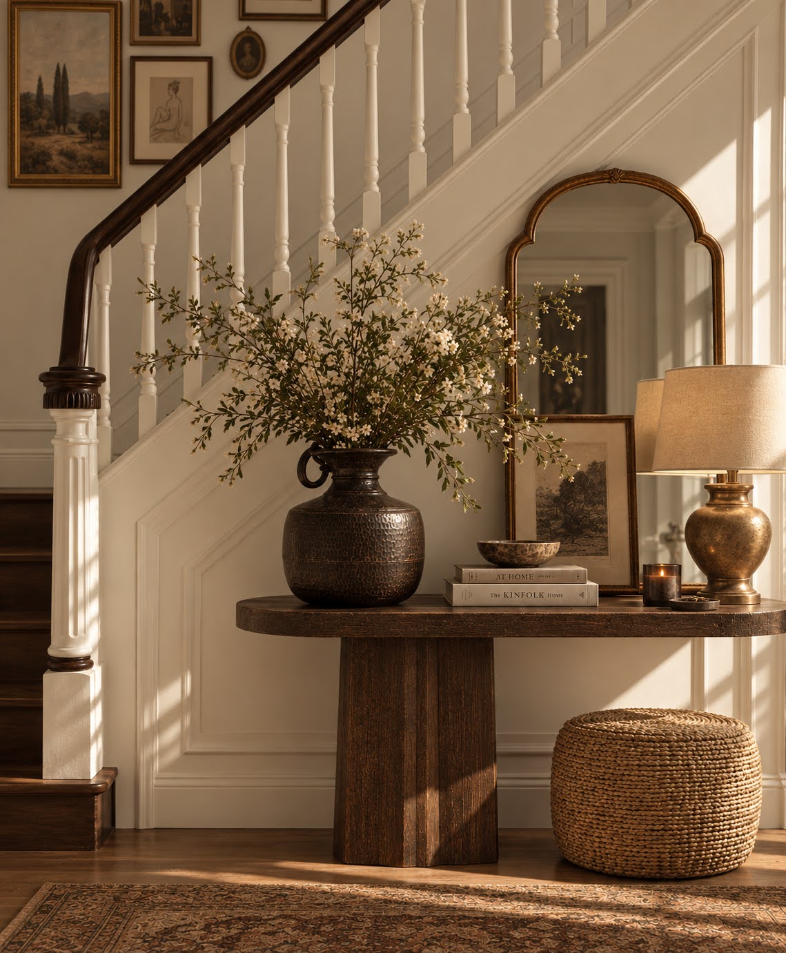 A sunlit entryway vignette with a hammered iron vessel of blossoms on a sculptural wooden table, brass lamp and arched mirror beside a staircase