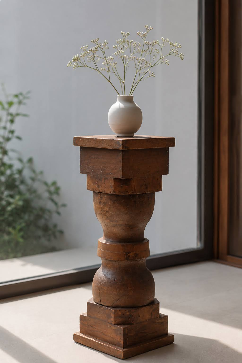 Sculptural reclaimed-wood pedestal holding a quiet ceramic vase of dried blossoms