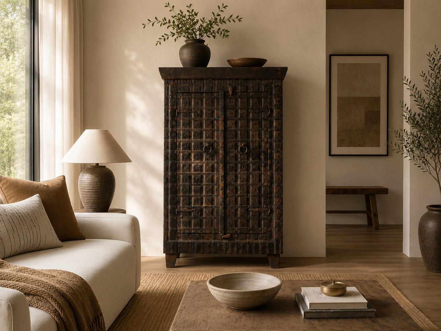 A carved dark-wood Indian armoire in a quiet modern living room, flanked by a linen sofa, ceramic lamp and soft daylight